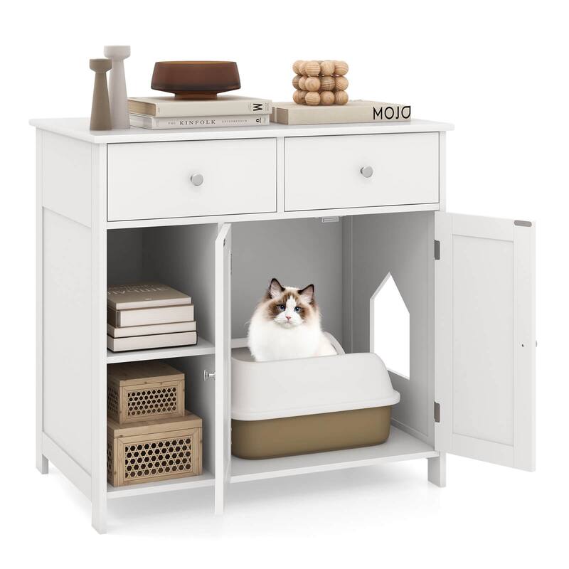 Costway Cat Litter Box Enclosure with 2 Drawers Double Doors Open - See Details