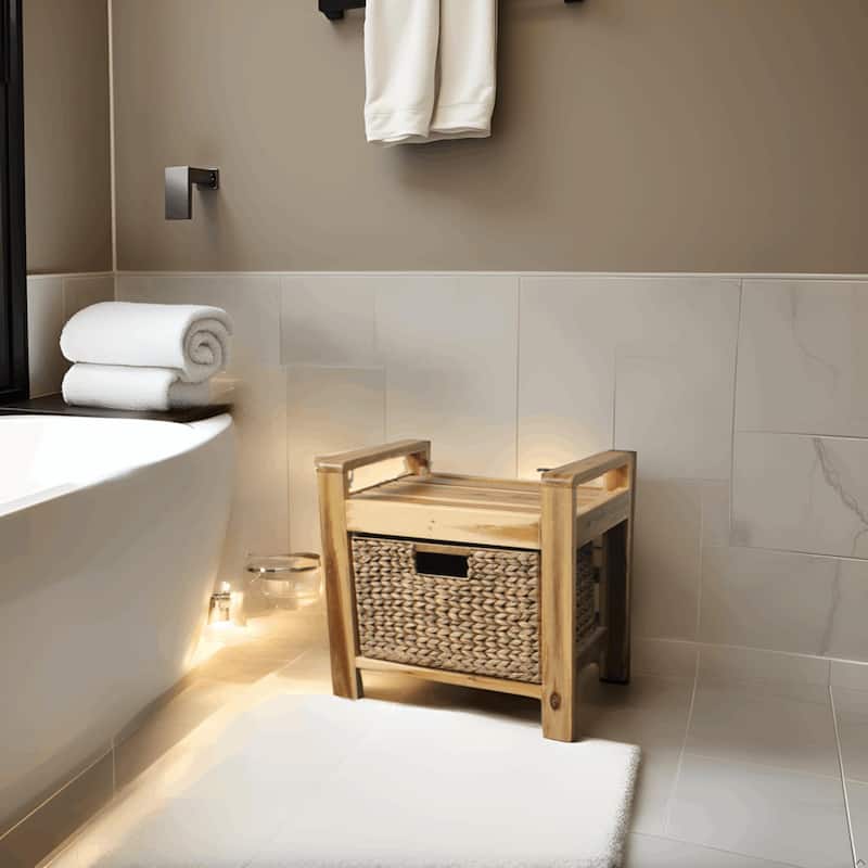 Brae Coastal Storage Stool Wood Frame w/ Water Hyacinth Baskets