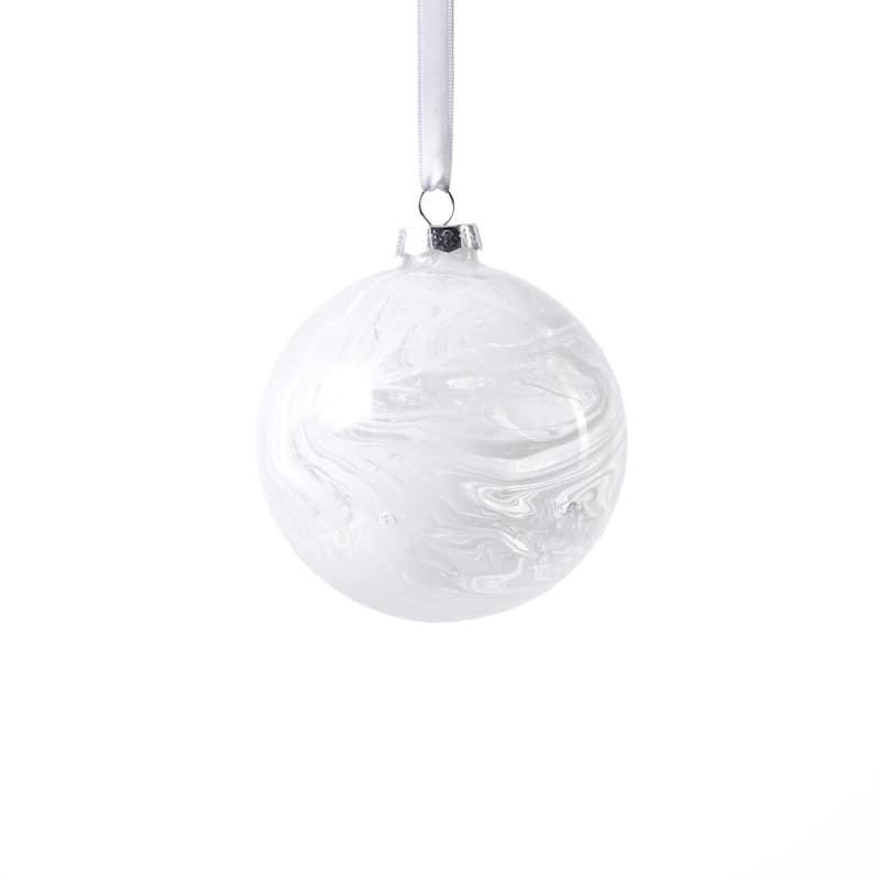 White Watercolor Glass Ball Christmas Ornaments, Set of 6, 4"