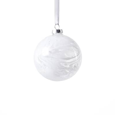 White Watercolor Glass Ball Christmas Ornaments, Set of 6, 4"