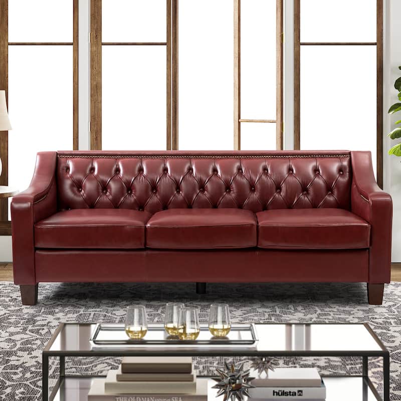 Mateo 82.28" Wide Transitional Genuine Leather Sofa with Nailhead Trim and Button-Tufted Back