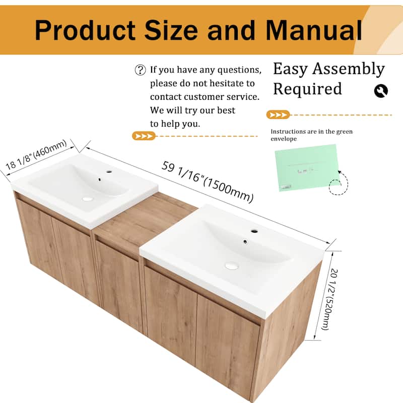 Malwee 36"/48"/60" Floating Bathroom Vanity,Wall Mounted Bathroom Vanity with Sink,Soft Close Door and Adjustable Shelf