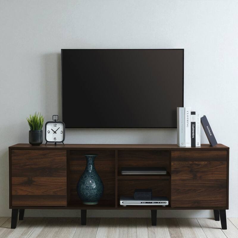 63" Mid Century Modern TV Stand for 70 Inch TVs, Media Console with Cabinets and Open Shelves, Dark Brown TV Console