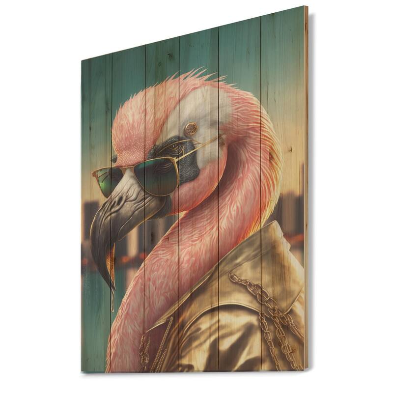 Designart 'Flamingo Gangster In NYC III' Animals Flamingo Wood Wall Art - Natural Pine Wood
