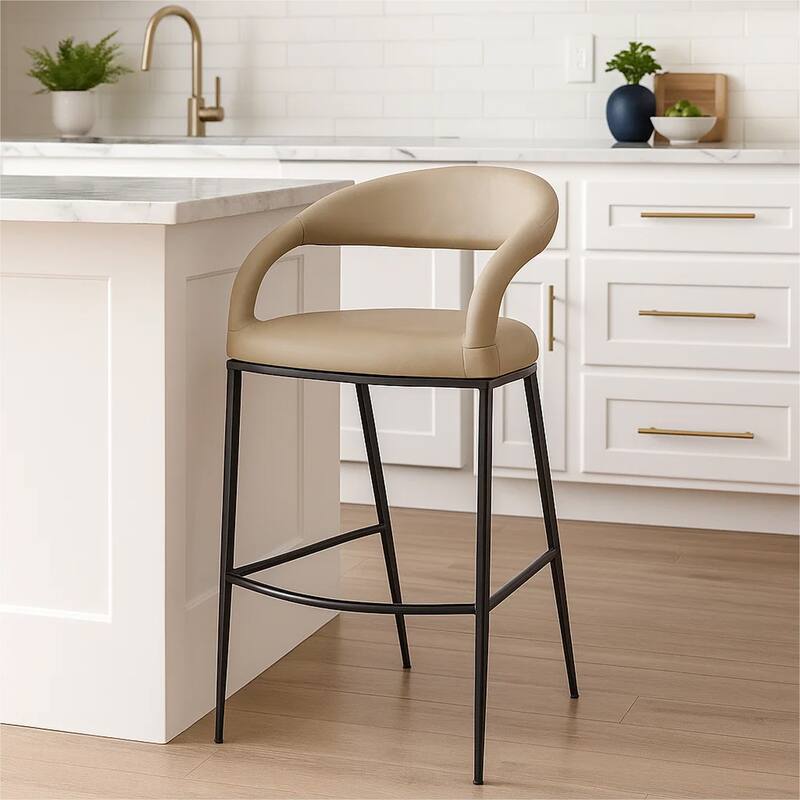 Monie Counter Stool Chair, Curved Floating Back, Beige Faux Leather