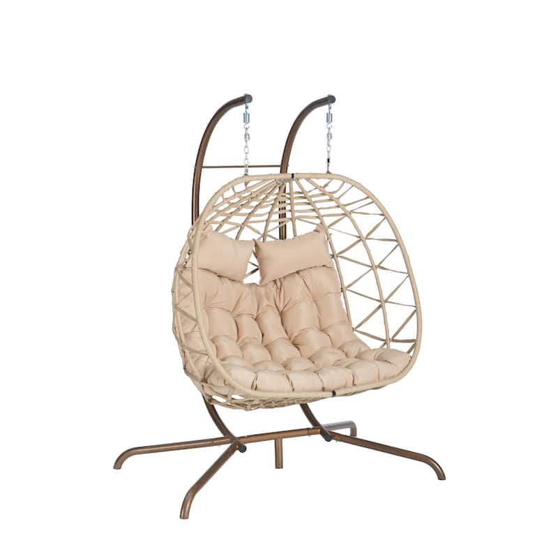 Double Rattan Egg Chair with Stand and UV-Resistant Cushions and Iron Frame - Outdoor Hanging Swing (600lb Capacity)