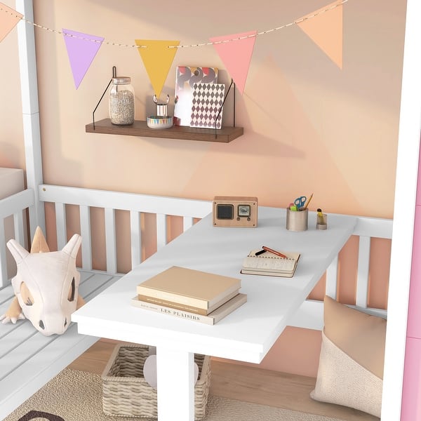 slide 2 of 18, Twin-over-Twin Bunk Bed with Adjustable Table, Converts to Upper Bed and Lower Desk with 2 Drawers for Kids Teens Pink