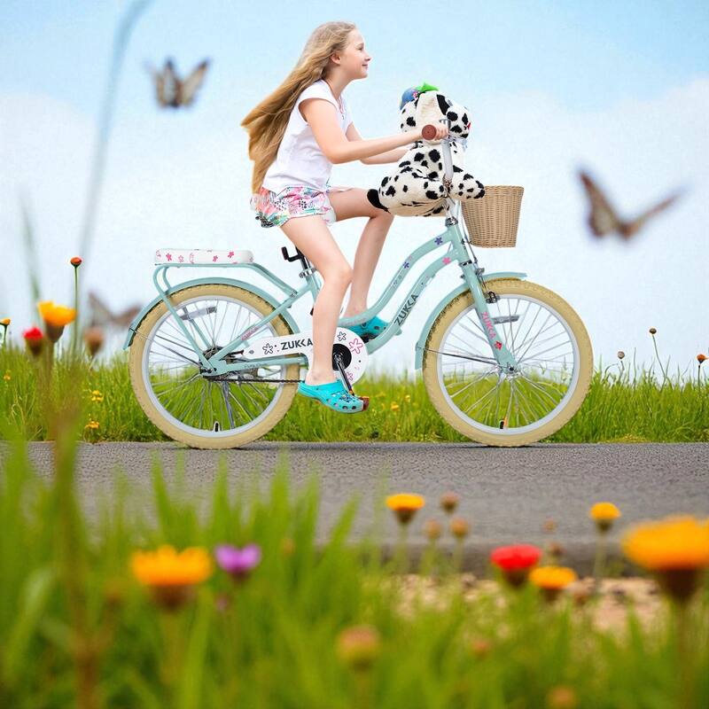 Girls 20 Inch Bike with Basket, Steel Frame, Front & Rear Brakes, For Kids Ages 7-10, No Training Wheels