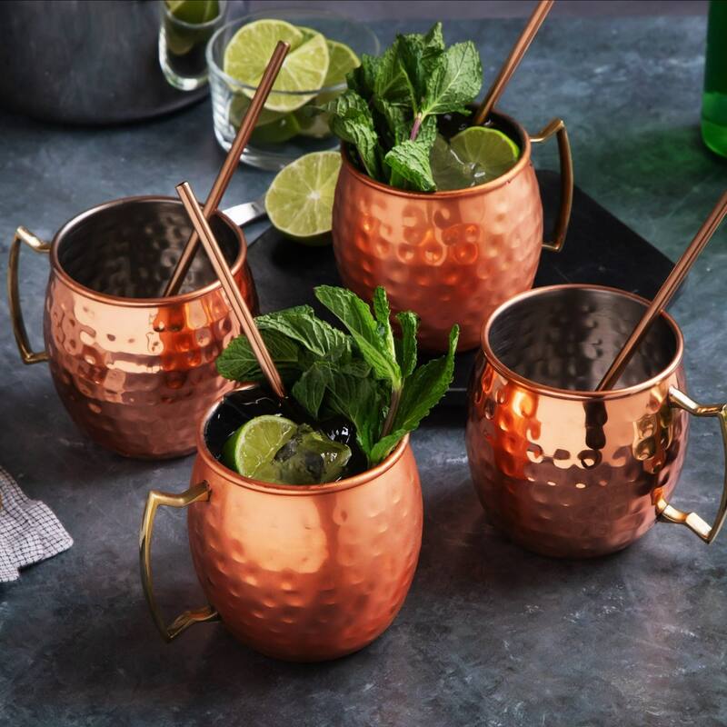 Moscow Mule Mugs Bar Accessories Drinking Cups 14 oz - 8 Pieces - 4 Cups & 4 Straws