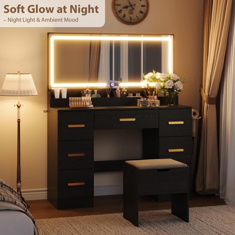 45.9" Vanity Desk with LED Mirror, Power Outlet, 7 Drawers