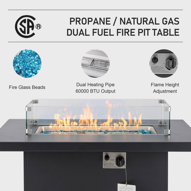 9-Piece Modern Aluminum Outdoor Furniture Set With Fire Pit Table Propane/Gas 60,000 BTU, Extra Large Aluminum Patio Sectional