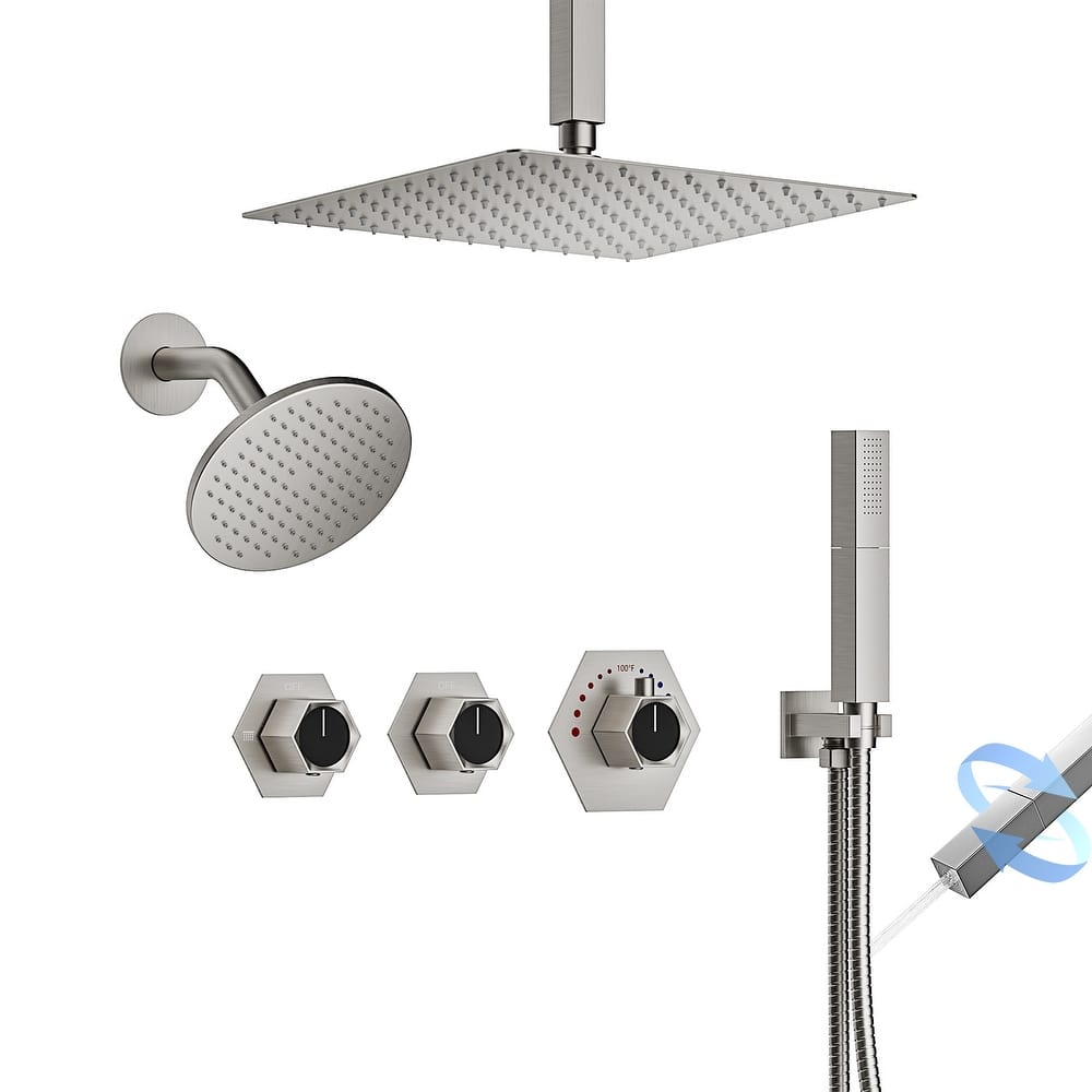 Dual Rainfall Shower System 12" & 6" Heads with Thermostatic Valve and Handheld Spray