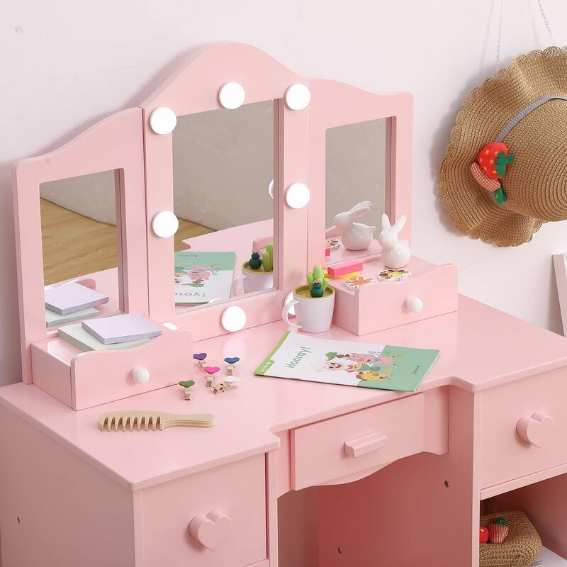 Kids Vanity Table, Girls Vanity with Tri-Folding Mirror