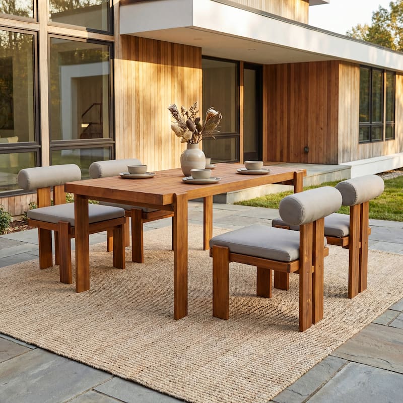 Christopher Knight Home - Ardena Modern Solid Wood Outdoor Dining Set with Round Back Cushioned Chairs - Light Brown - 5-Piece