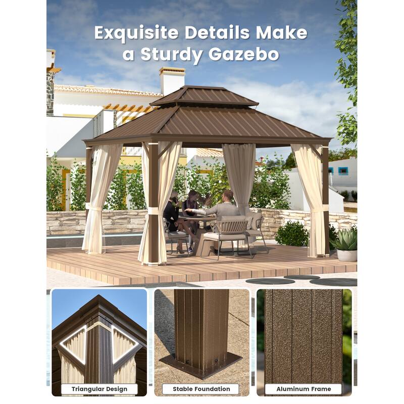 EROMMY Hardtop Gazebo W/Steel Double Roof, Anti-Rust Coating Aluminum Frame Permanent, Hard Top Gazebo for Garden Lawn Parties