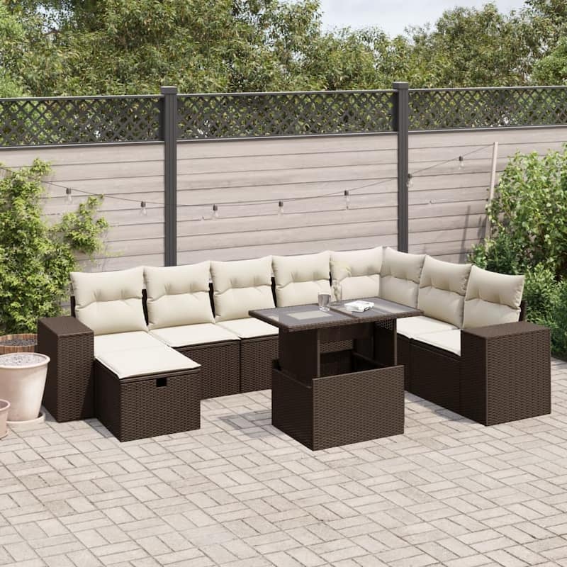 vidaXL Patio Sofa Set with Cushions Outdoor Furniture 9 Piece Poly Rattan - Brown and cream - 21.7 x 39.4 x 28.7 in