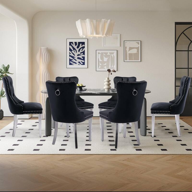 Tufted Naliheads Solid Wood Upholstered Dining Chairs Set of 6 - Black SliverLegs