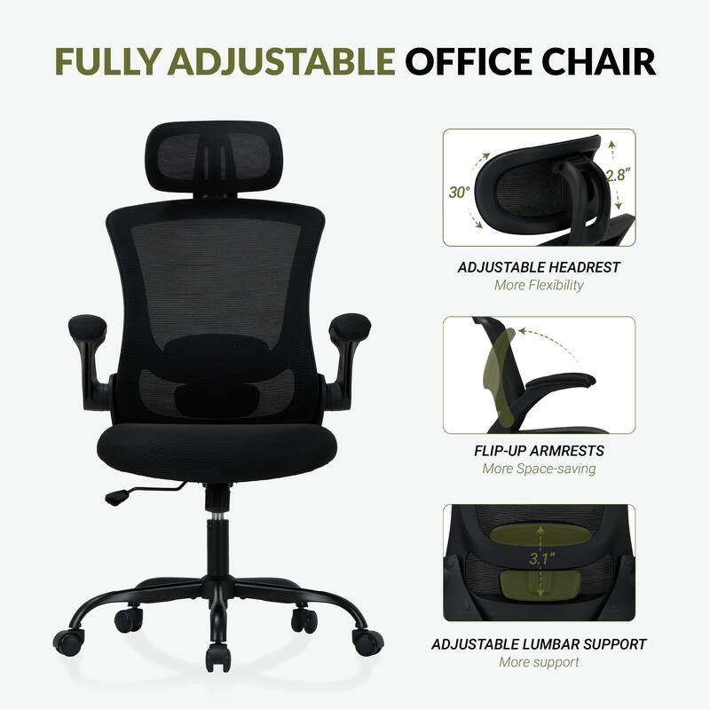 Ergonomic Office Chair with Lumbar Support & Headrest, Swivel, BIFMA Certified, Black
