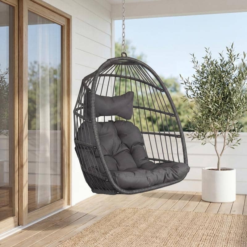 Indoor Hanging Egg Chair Without Stand, 350 lbs Capacity, Wicker Egg Swing Chair with Cushion for Living Room and Bedroom - Dark Grey