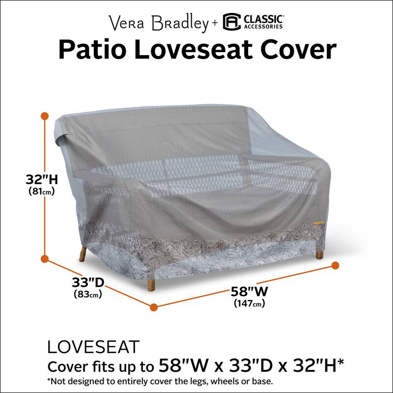 Vera Bradley by Classic Accessories Water-Resistant Patio Loveseat Cover, 58 x 33 x 32 Inch, Rain Forest Toile Gray