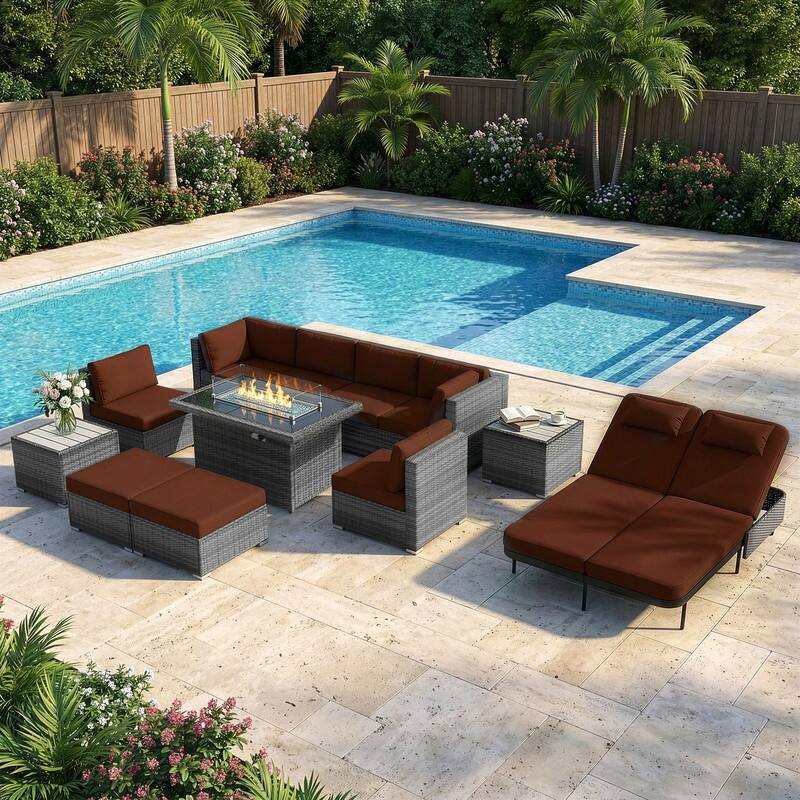 Outdoor Sectional Conversation Set PE Wicker with Double Chaise Lounge, 60,000 BTU Fire Pit Table - 12-Piece/Ottoman & Table - Red