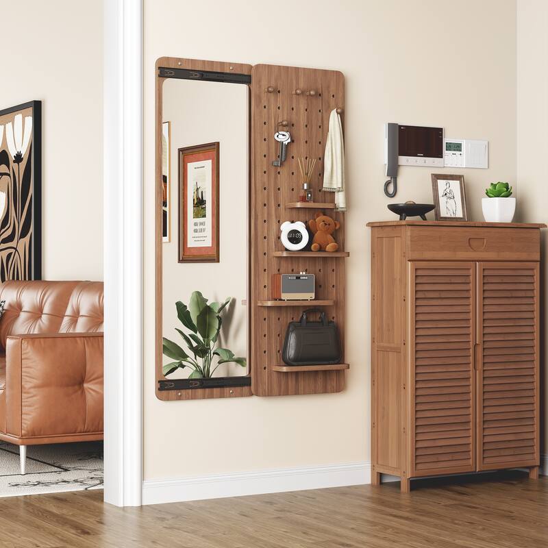 Wall Mounted Full Length Mirror with Shelf and Hook Wall Mounted Mirror with Multifunctional Design Panel(47.6*15.7in)