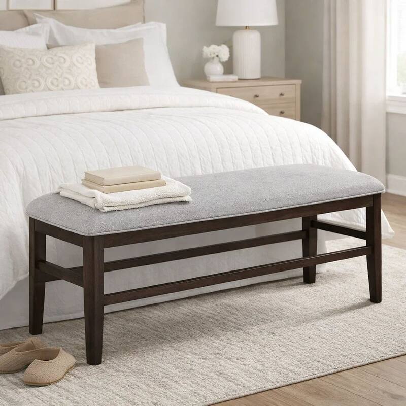 Hiun Dining Bench, Dove Gray Padded Seat, Oak Brown Wood, 50 Inch