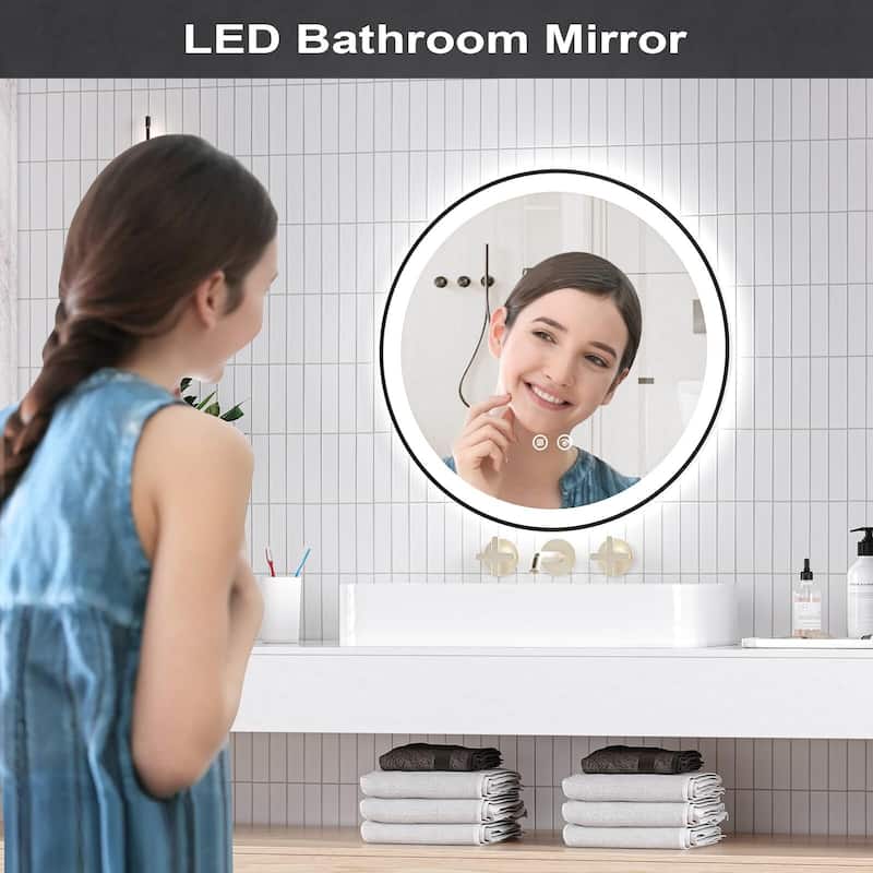 LED Bathroom Mirror 24x24 inch with Front and Backlight, Black Framed Gradient Front and Backlit LED Mirror for Bathroom