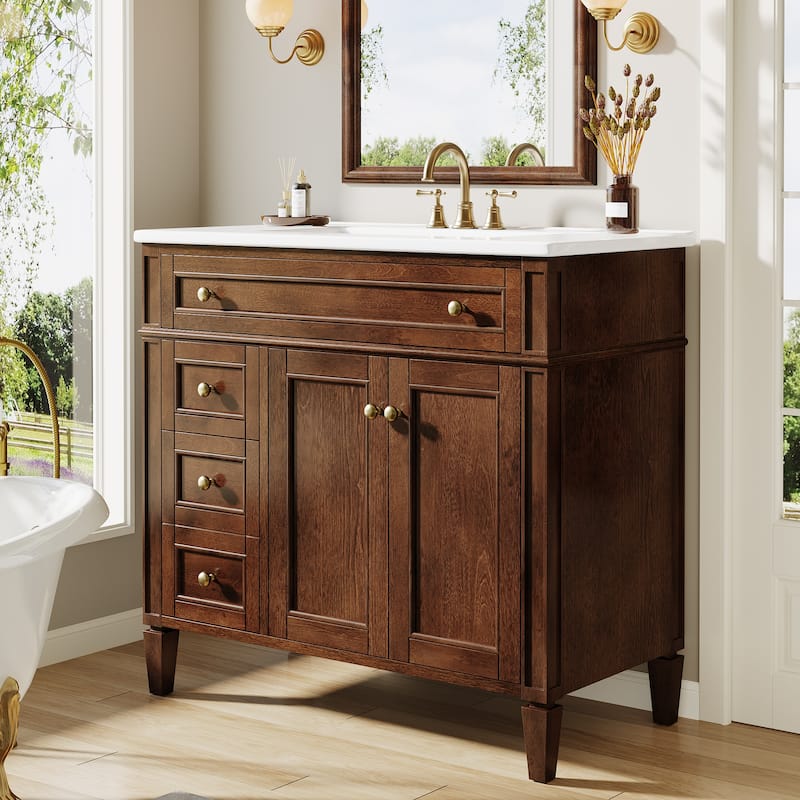 36'' Freestanding Bathroom Vanity with Integrated Ceramic Sink, Tip-Out Drawer, Door Organizer
