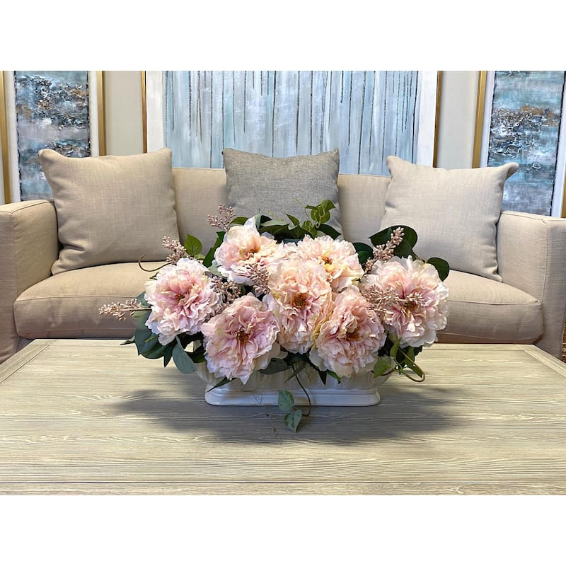 Peony, vine and eucalyptus in cream planter - Pink, Green, Cream