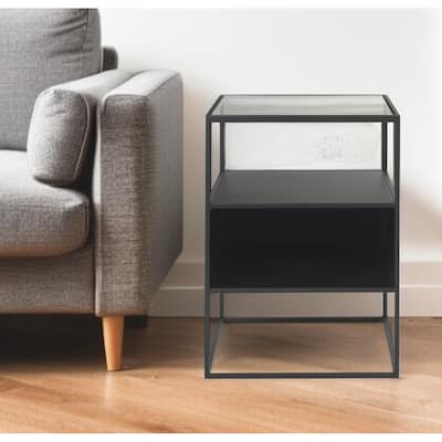 HomeRoots 21" Clear and Black Glass and Metal Square Frame End Table With Two Shelves - 15.75 in. x 21.26 in. x 15.75 in.