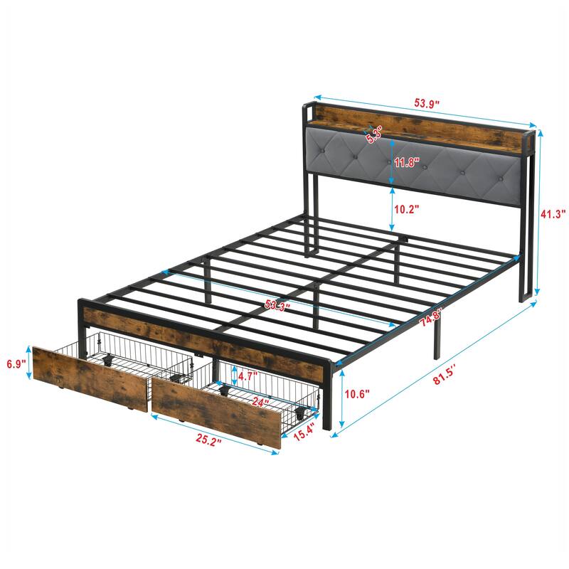 Full Platform Bed Frame with LED Lights and Wood Headboard, Farmhouse Storage Bed Frame with Drawers & USB & Charging Station