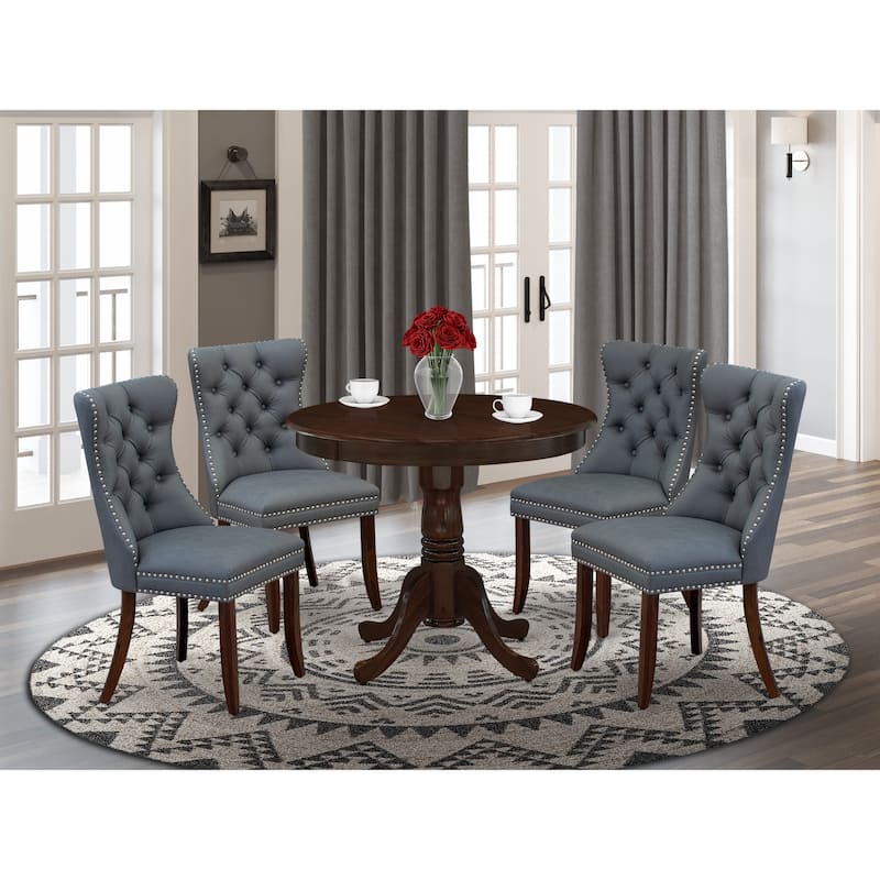 East West Furniture Kitchen Table Set Includes a Round Dining Table and Upholstered Chairs, Antique Walnut (Pieces Options) - ANDA5-AWA-13