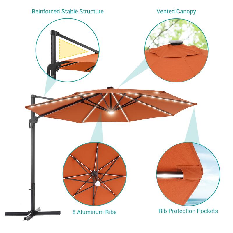 BONOSUKI 11FT LED Cantilever Patio Umbrella Angle Adjustment w/Cross Base
