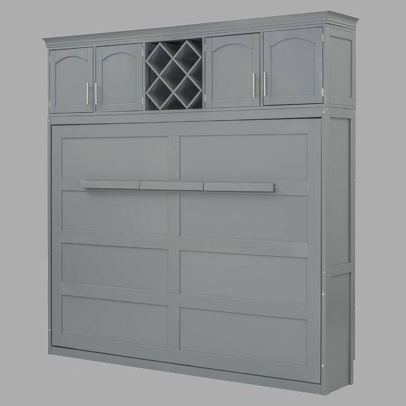 Space-Saving Queen Murphy Bed with Cabinets and Wine Rack, Foldable Wall Bed - Grey - Queen