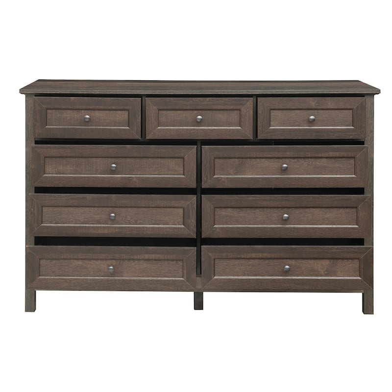 Wood Rustic Storage Dresser with 9 Drawers and Silver Handle, Brown