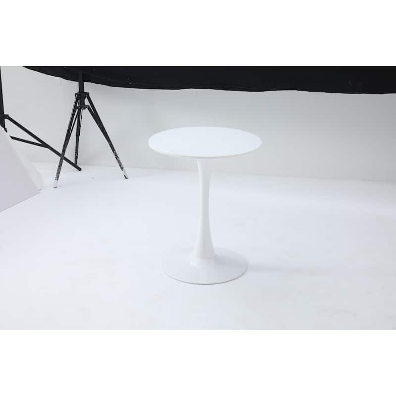 white round dining table with an elegant tulip-shaped steel base and a 24-inch medium-density fiberboard tabletop