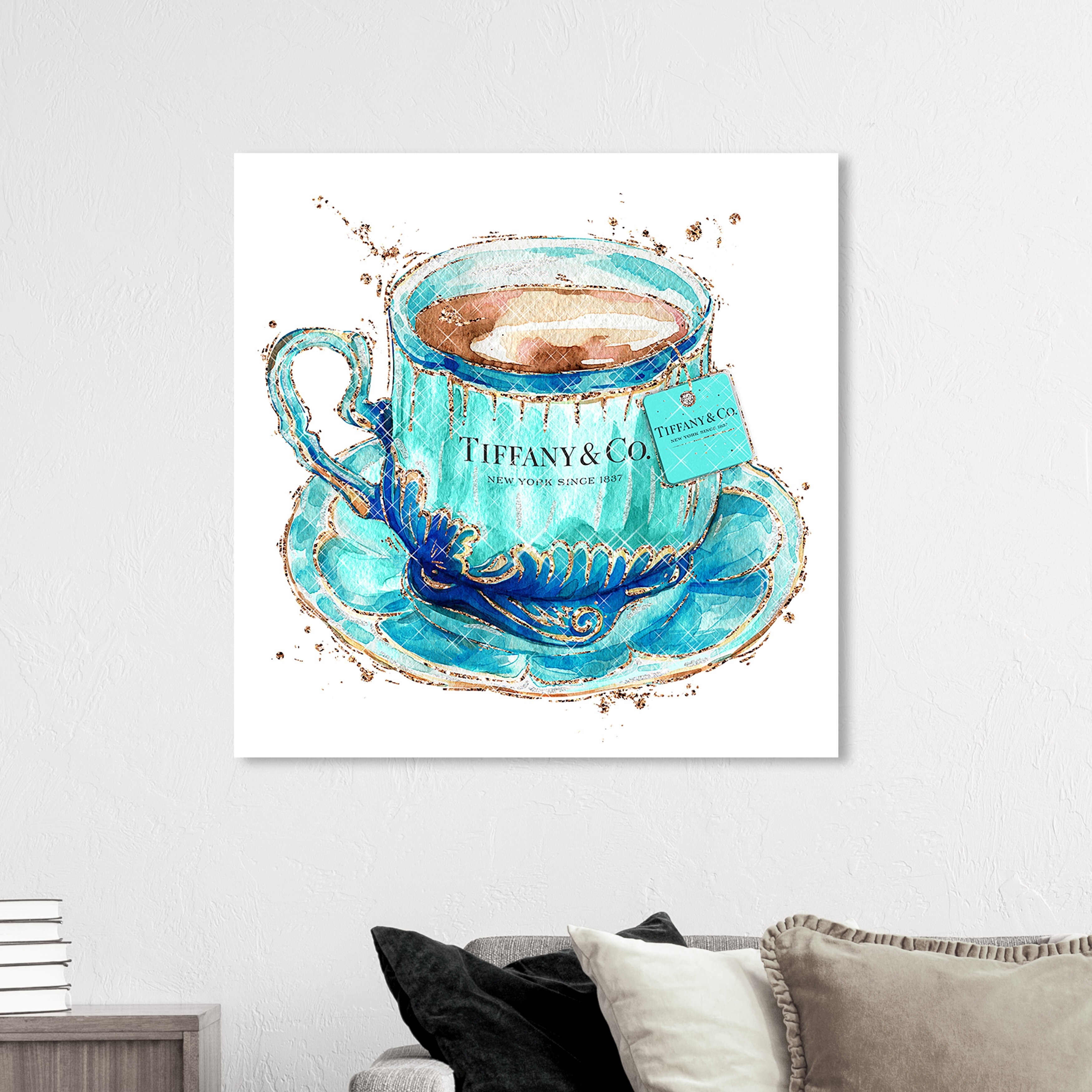 Oliver Gal 'Aqua Tea Cup' Fashion and Glam Wall Art Canvas Print Fashion  Lifestyle - Blue, Gold