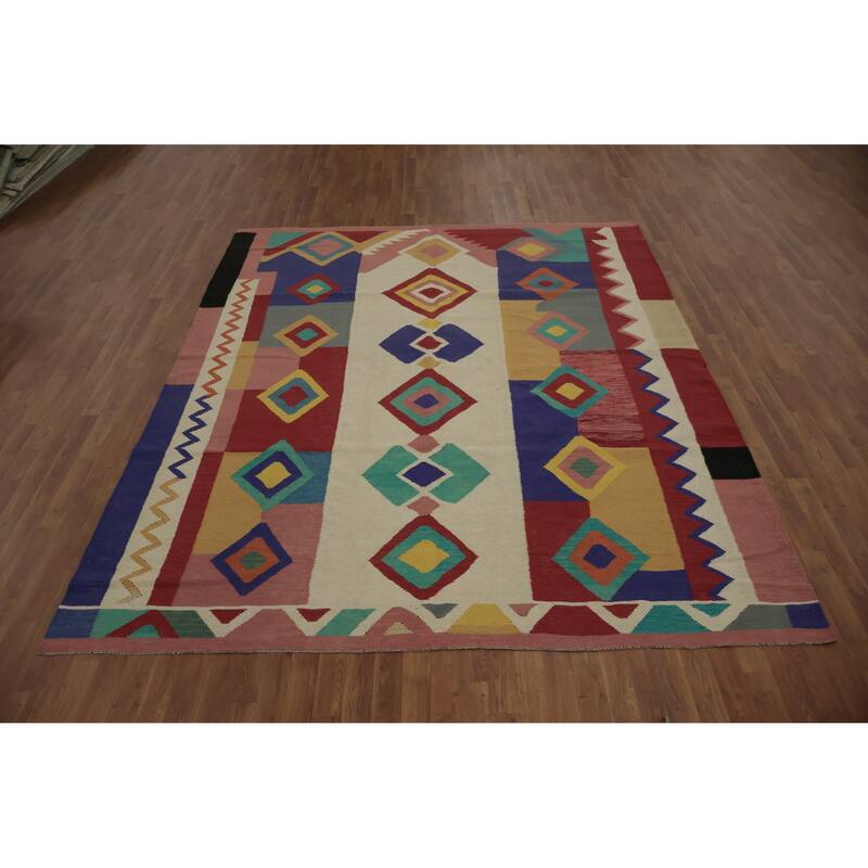 Hand Woven Oriental 100% Wool Carpet Southwestern Modern Multi-Colored Kilim Area Rug - 9' 10'' X 8' 0''