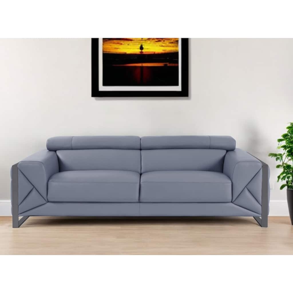 HomeRoots 89" Gray Italian Leather Sofa With Silver Legs - 35" H x 89" W x 43" D