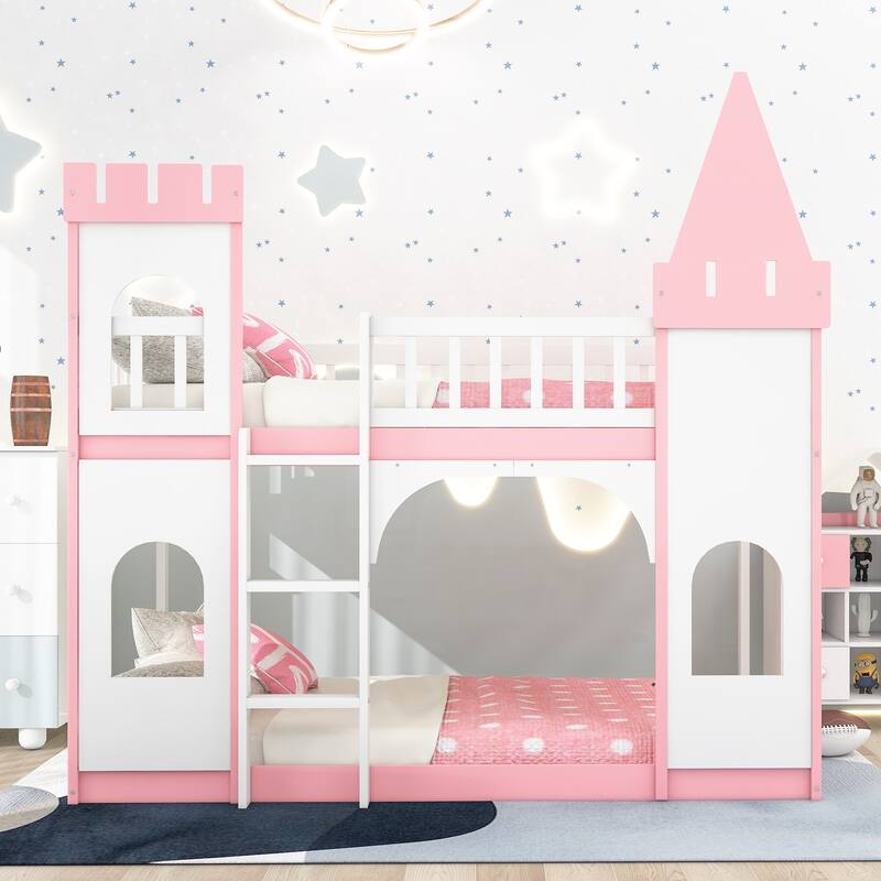 Sturdy Twin Over Twin Castle Bunk Bed with Play Area, Pink Finish, Perfect for Girls' Bedroom - Pink - Twin
