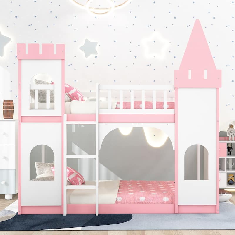 Twin Over Twin Wooden Castle Bunk Bed, Solid Pinewood Floor Bunk Bed Frame with Built In Ladder and Safety Guardrail