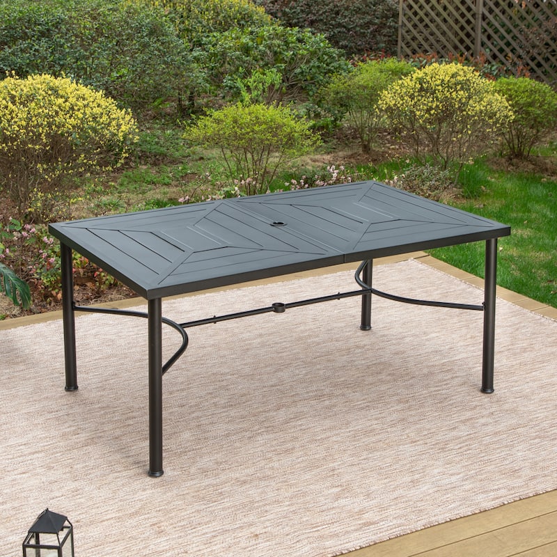 Outdoor Metal Dining Table Rectangle with Umbrella Hole for 6 People - Black