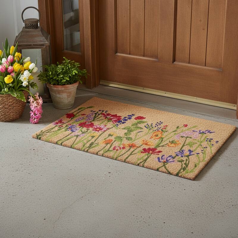 HomeRoots 24" X 36" Brown Green And Purple Floral Outdoor Coir Door Mat - 24.00' X '36.00 - 24.00' X '36.00