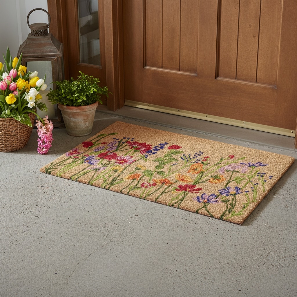 HomeRoots 24" X 36" Brown Green And Purple Floral Outdoor Coir Door Mat - 24.00' X '36.00