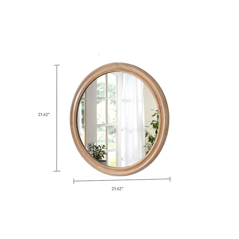 Round Wood Framed Wall Mirror with Ribbed Detail, 23.62" Natural Wooden Circle Mirror for Bathroom, Bedroom, Entryway