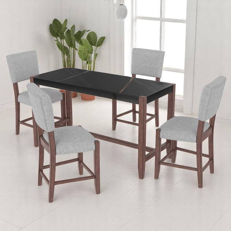 5-Piece Counter Height Dining Table Set with Faux Marble Top, Table and 4 Upholstered Chairs for Kitchen or Dining Room