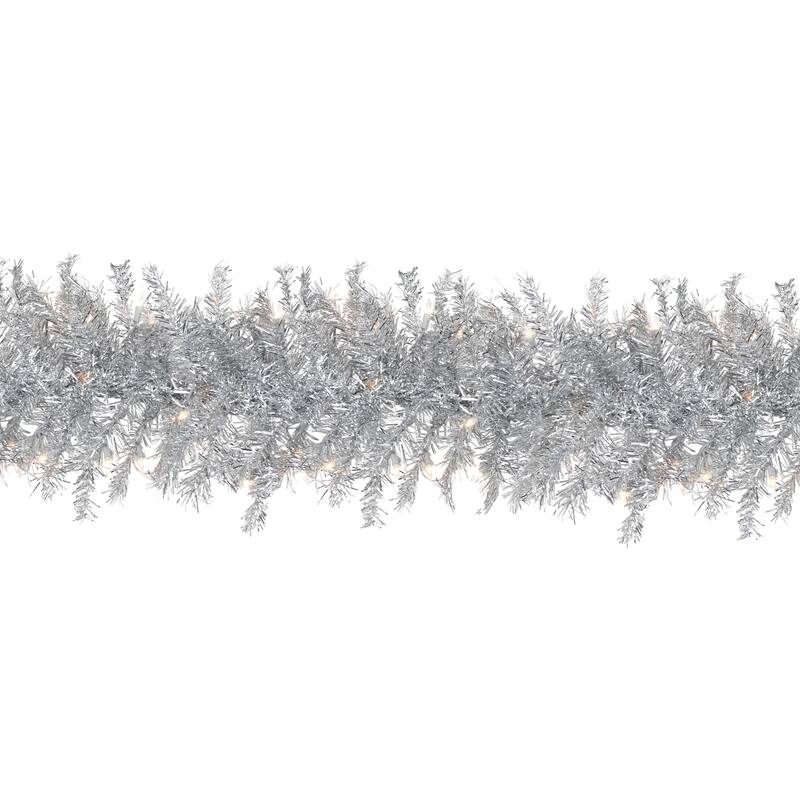 9' x 12" Pre-Lit Silver Tinsel Artificial Christmas Garland Clear Lights