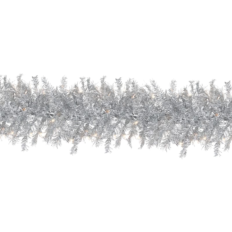 9' x 12" Silver Tinsel Artificial Christmas Garland, Clear Lights