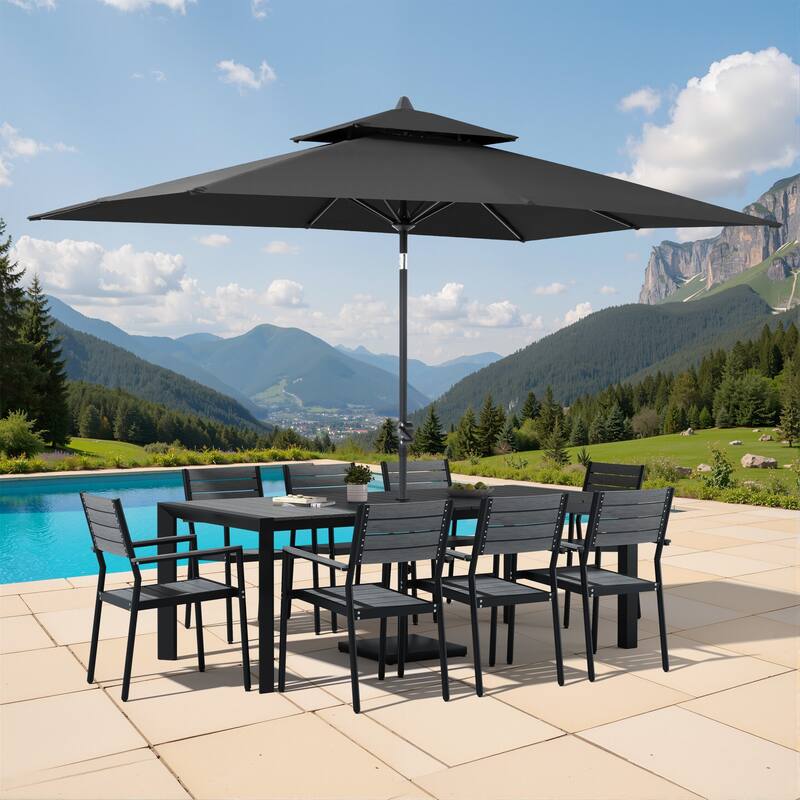 9/11-Piece Outdoor Patio Dining Set Aluminum Dining Table and Stackable Chairs w/10 ft Market Umbrella and Base - Set of 11 - Grey Table with Black Umbrella